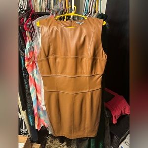 NWT Antonio Melani size 14 genuine leather dark tan brown knee length dress